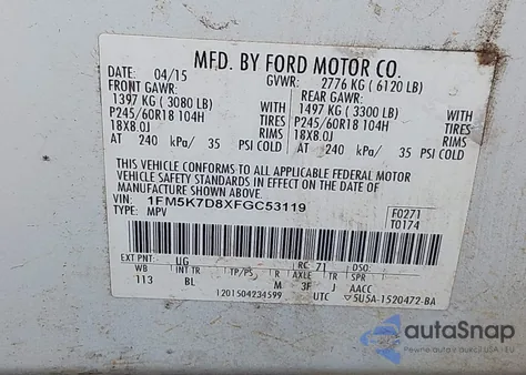 2015 Ford Explorer Xlt из США, поврежденный, VIN 1FM5K7D8XFGC53119